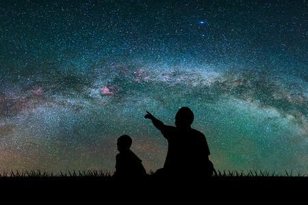 亲子夜晚坐着看银河的父子剪影摄影图配图