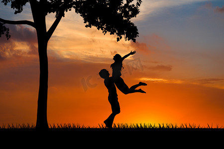 一道黄色光效摄影照片_七夕夕阳情侣在树下拥抱摄影图配图