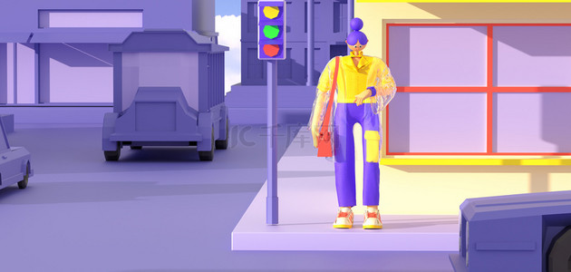法国街边背景图片_3d人物建筑黄紫卡通