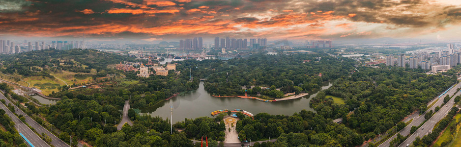 园博园摄影照片_城市晚霞广西柳州园博园全景景区无人机摄影图配图