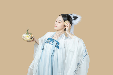 工笔画字摄影照片_汉服国潮白天汉服美女室内戴花摄影图配图