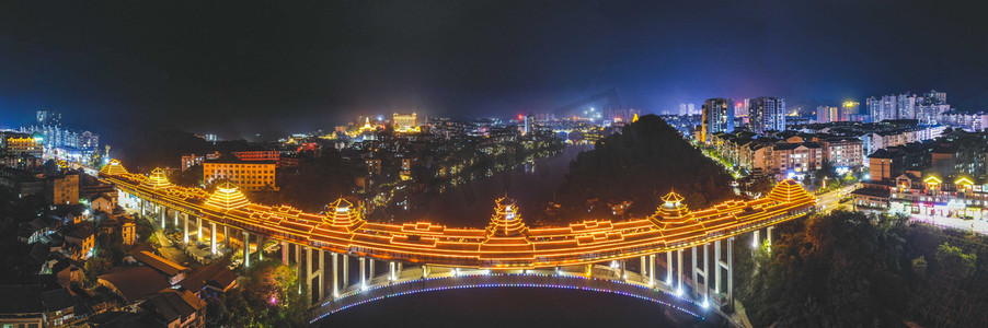 城市夜晚三江风雨桥夜景航拍全景楼顶无人机摄影图配图