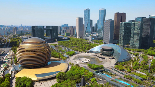 中秋礼盒宣传摄影照片_俯瞰杭州CBD市民中心城市建筑