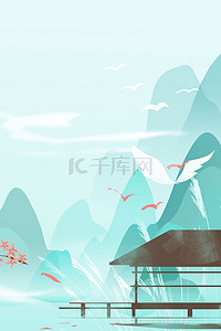 中国风二十四节气节日海报背景图片_白露亭子绿色中国风背景