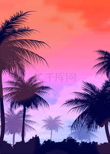 红色阳光背景图片_红色天空下的椰子树夏季抽象剪影