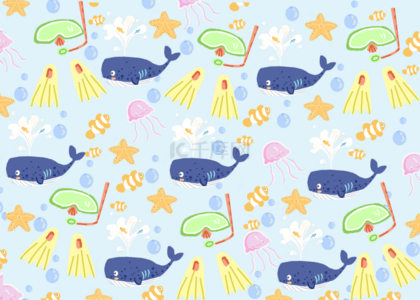 夏日可爱平铺背景潜水鲸鱼大海海星水母泡泡