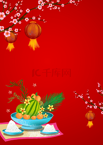 正月里来是新年背景图片_盘子里丰收的水果越南春节背景