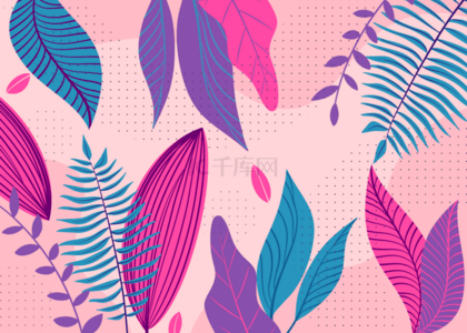 粉色蓝色热带树叶背景