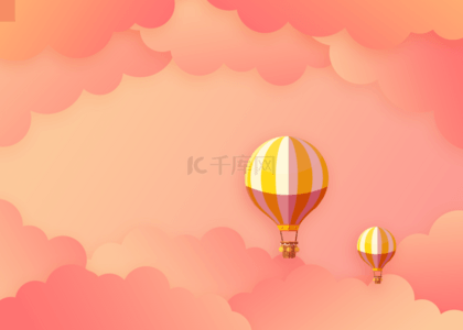 简约粉色云背景图片_卡通粉色热气球与剪纸云柔和背景