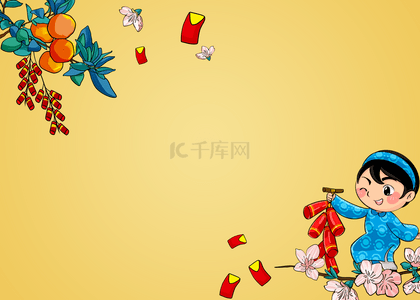 插画女女背景图片_拿着一串爆竹的女女孩越南春节背景