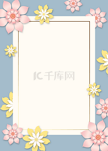 花卉剪纸边框背景图片_手工艺花卉相纸蓝色背景