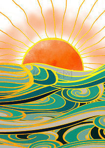 抽象黄绿色海浪日出印象大海阳光壁纸背景