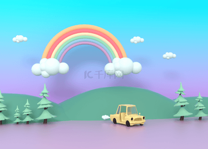 彩虹与汽车的背景3d渲染