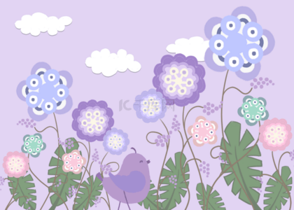 夏季紫色小胖鸟紫色背景白云抽象花朵