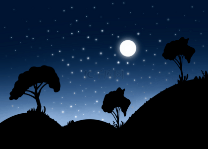 森林月亮夜晚背景图片_森林森蓝色星空山夜背景