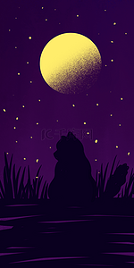 月亮梦幻背景图片_草丛中猫咪剪影手机壁纸