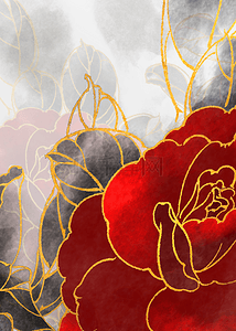 红色水彩玫瑰复古金色描边花卉豪华背景