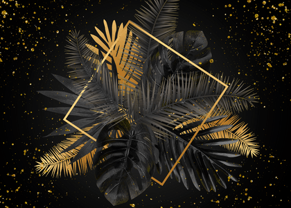 立体黑色和金色叶子金色方框背景