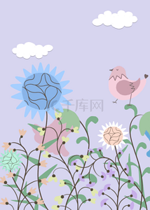 粉色小鸟夏季抽象花朵紫色背景