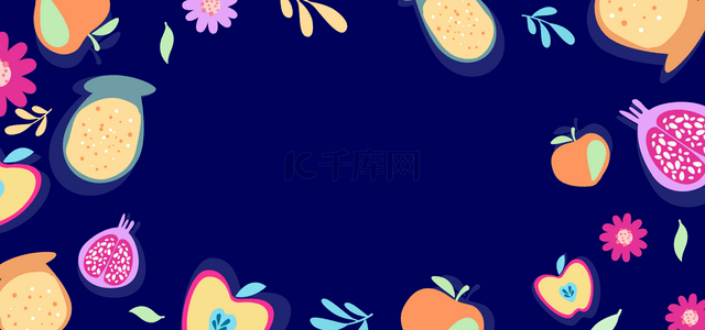 线条水果背景图片_深蓝色卡通线条水果背景