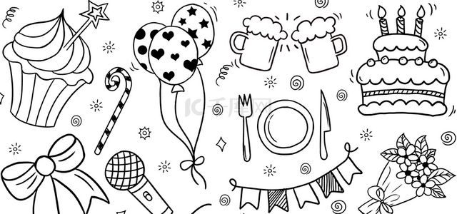 黑白线稿背景图片_蛋糕气球和啤酒生日线稿平铺背景