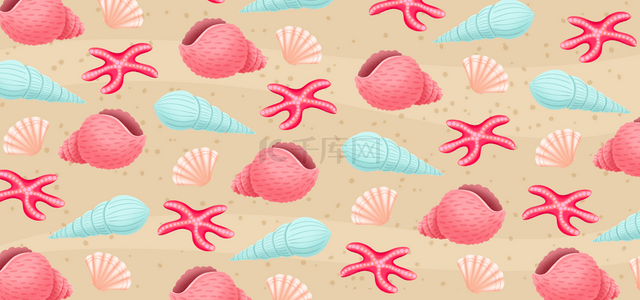 红色海星和海螺无缝隙海洋生物背景