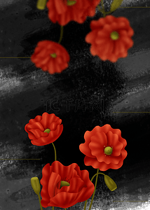红色花朵黑色笔刷植物背景