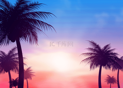 蓝色天空下的椰子树夏季抽象剪影