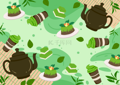绿色蛋糕背景图片_抹茶绿茶甜品插画背景