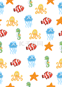 可爱卡通海星水母小鱼章鱼背景