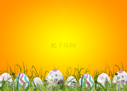 复活节绿草地彩蛋手绘黄色背景