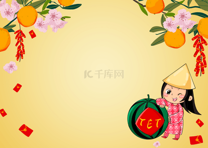 传统春节背景背景图片_戴斗笠的小女孩越南春节背景