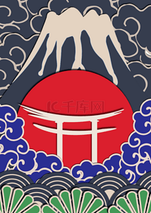 海浪花纹背景图片_蓝色富士山海浪复古日本