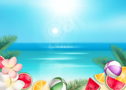 鸡蛋花和水果夏天沙滩光效背景
