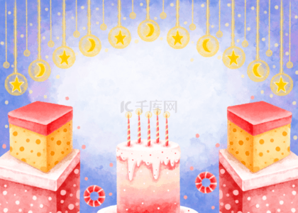 水彩礼盒生日蛋糕甜甜圈蓝色背景
