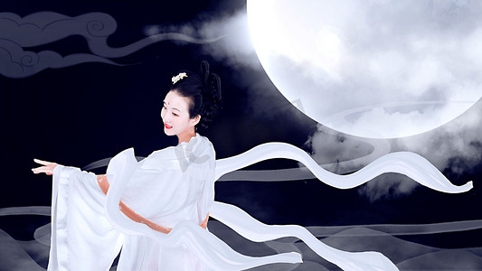 月亮云彩摄影照片_中秋节夜间嫦娥户外古装摄影图配图