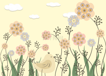抽象暖背景图片_夏季小鸟黄色明亮白云抽象花朵背景