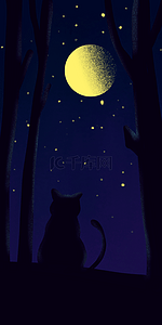 月亮梦幻背景图片_树林中猫咪剪影手机壁纸