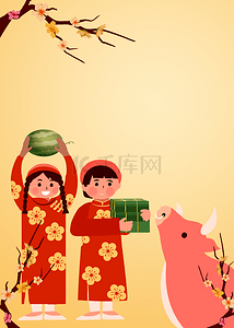 春节食物背景图片_拿着食物的小朋友越南春节背景