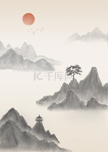 水墨山水凉亭背景图片_水彩水墨山水画背景