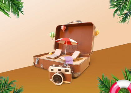 3d行李箱夏季热带植物促销背景