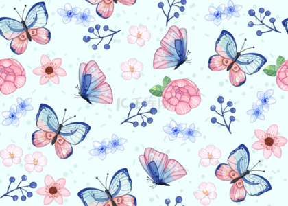 水彩蝴蝶背景背景图片_夏季水彩蝴蝶与花朵无缝隙背景