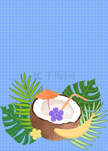 椰叶椰子背景图片_夏日热带植物蓝色背景