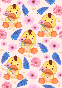 小黄鸭背景图片_夏季卡通鸭与花朵无缝隙背景