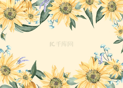 平铺花卉背景图片_黄色向日葵母亲节水彩花卉平铺背景
