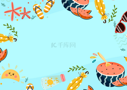 夏天夏天海边沙滩背景图片_水果海星拖鞋夏季海滩可爱背景