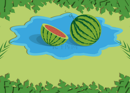 西瓜创意背景图片_绿色卡通植物边框西瓜背景