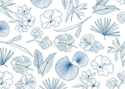 线稿背景背景图片_蓝色无缝线稿植物叶子平铺背景