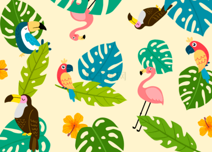 热带鹦鹉背景图片_火烈鸟花卉热带背景与动物