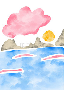 粉色蓝色太阳云彩风景画